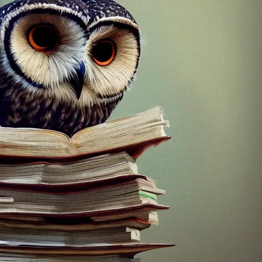 Prompt: long shot of a cute friendly owl sitting on a pile of books, by naoto hatori, by yoshita amano, by esao andrews, fancy illustration hyperrealistic, big depth of field, fresh colors, moody evening light, 3 d octane render conceptart, 4 k, highly detailed, trending on artstation