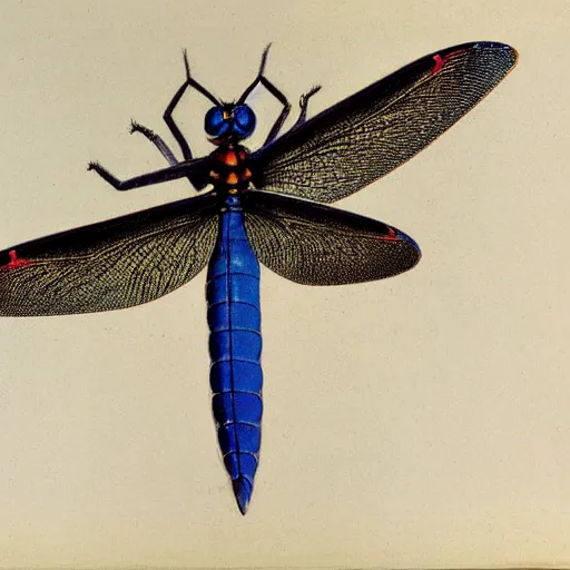 Prompt: color dragon fly lithograph by adolphe millot