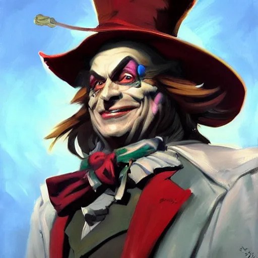 Prompt: greg manchess portrait painting of partially armored mad hatter from alice in wonderland as overwatch character, wacky, medium shot, asymmetrical, profile picture, organic painting, sunny day, matte painting, bold shapes, hard edges, street art, trending on artstation, by huang guangjian and gil elvgren and jesper ejsing