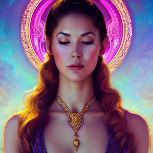 Image similar to wide angle full body portrait of I Dream of Jeannie, with a perfect face and perfect body, thin waist, pierced navel, intricate, single face, psychedelic, highly detailed, digital painting, artstation, concept art, smooth, sharp focus, illustration, Unreal Engine 5, 8K, art by artgerm and greg rutkowski and alphonse mucha