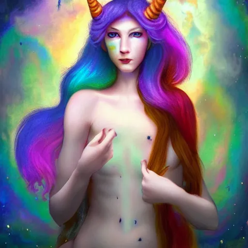 Prompt: autistic bisexual cat seahorse graphic designer, long haired androgynous humanoid wearing a unicorn pelt, weirdcore voidpunk fursona, detailed coherent painterly character design turnaround, digital art by delphin enjolras, wlop, louis wain, lisa frank, furaffinity, cgsociety, trending on deviantart