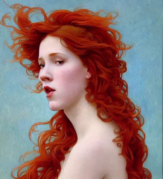 Image similar to intricate art nouveau portrait oil painting of redheaded young molly ringwald with long red hair blowing in the wind, mouth open, wearing a thin white dress, in front of a carved screen, elegant, digital painting, smooth, sharp focus, illustration, ultra realistic, 8 k, by bouguereau, alphonse mucha, artgerm, and donato giancola