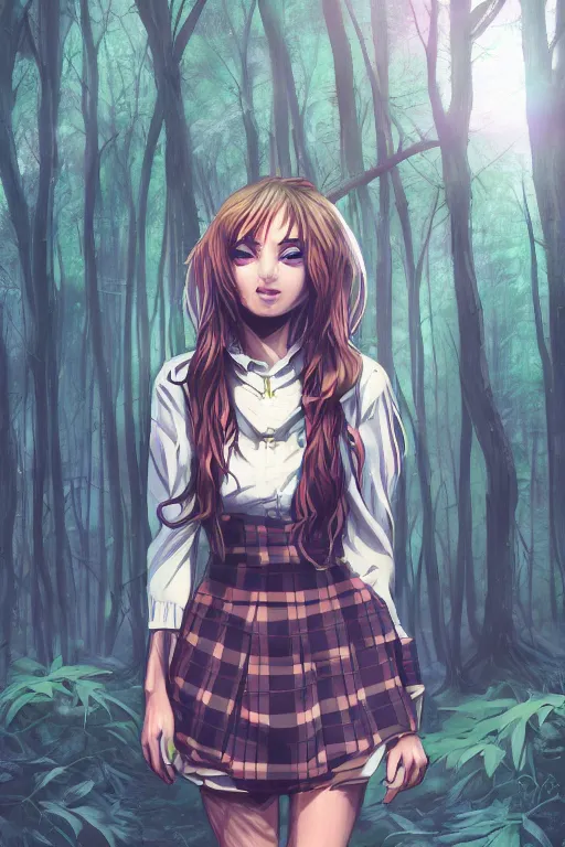 Prompt: girl in a dark forest, detailed plaid miniskirt, beautiful upper body, detailed face portrait, by dan mumford, anime style, octane render, trending on artstation