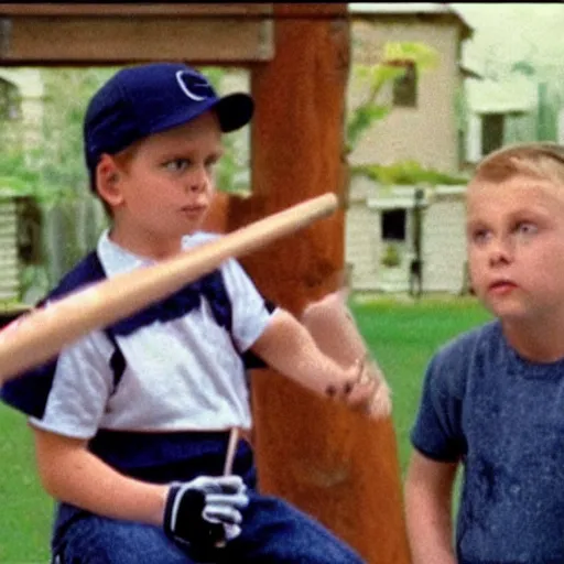 Image similar to the tv show'home movies ', swinging a baseball bat at birds