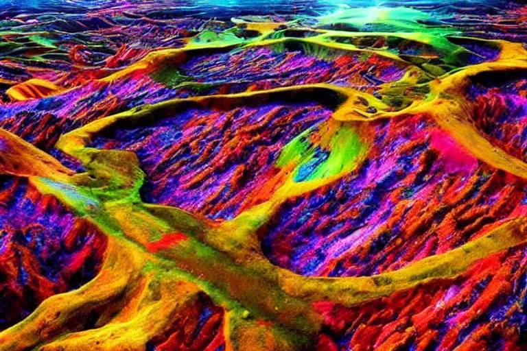 Prompt: a very beautiful crazy colorful landscape photo of a secret civilization, hyperdetailed, cinematic masterpiece