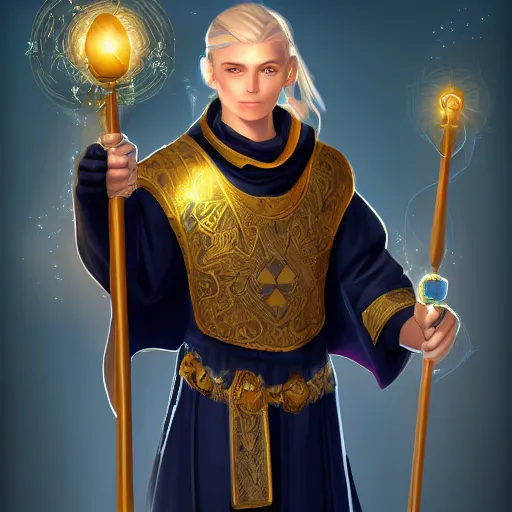 Prompt: A young well kept shaved mage with a blonde ponytail in a navy blue robe with gold accents, he holds a magical staff of light with a bright crystal, medieval fantasy, digital art, trending on artstation