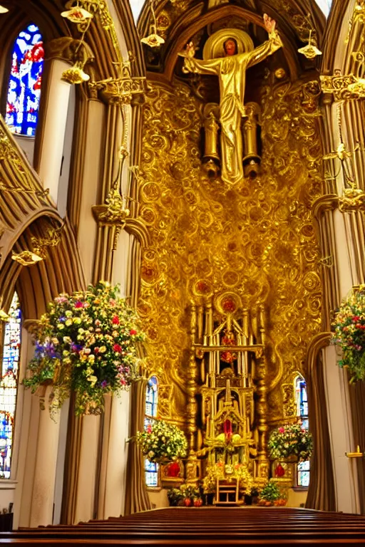 Image similar to photo inside a church full of flowers, golden ornaments highly detailed