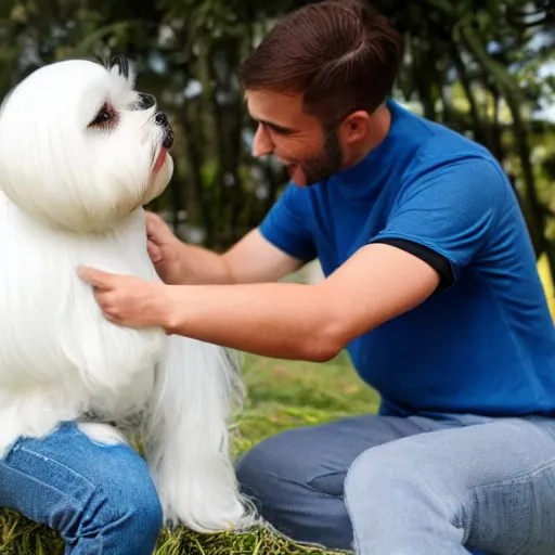 Prompt: a man petting a maltese dog