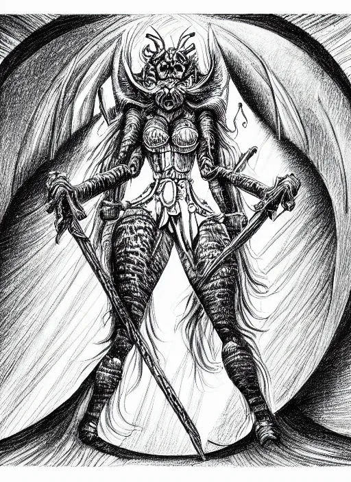 Image similar to line art pencil drawing of medieval half insect half woman chimera, very exaggerated fisheye perspective, art by shinichi sakamoto and kentaro miura