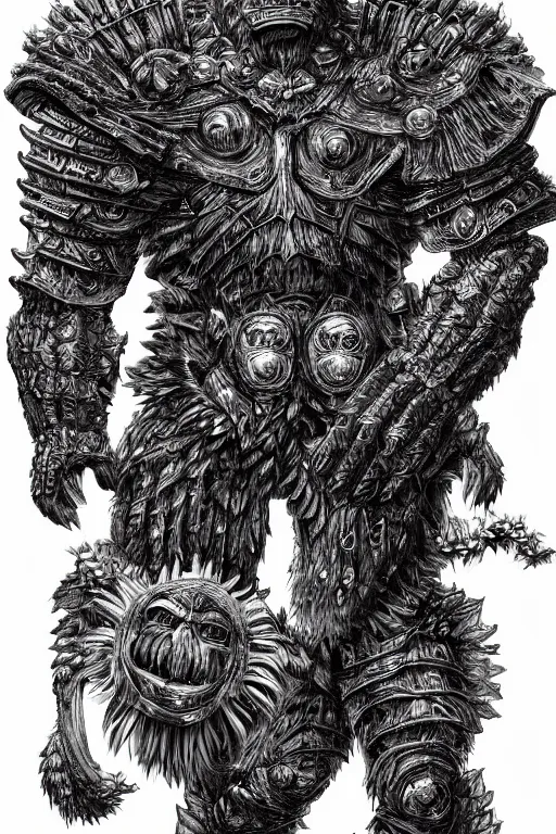 Prompt: armoured warrior humanoid ape monster, symmetrical, highly detailed, digital art, dandelion themed armour, sharp focus, trending on art station, kentaro miura manga art style