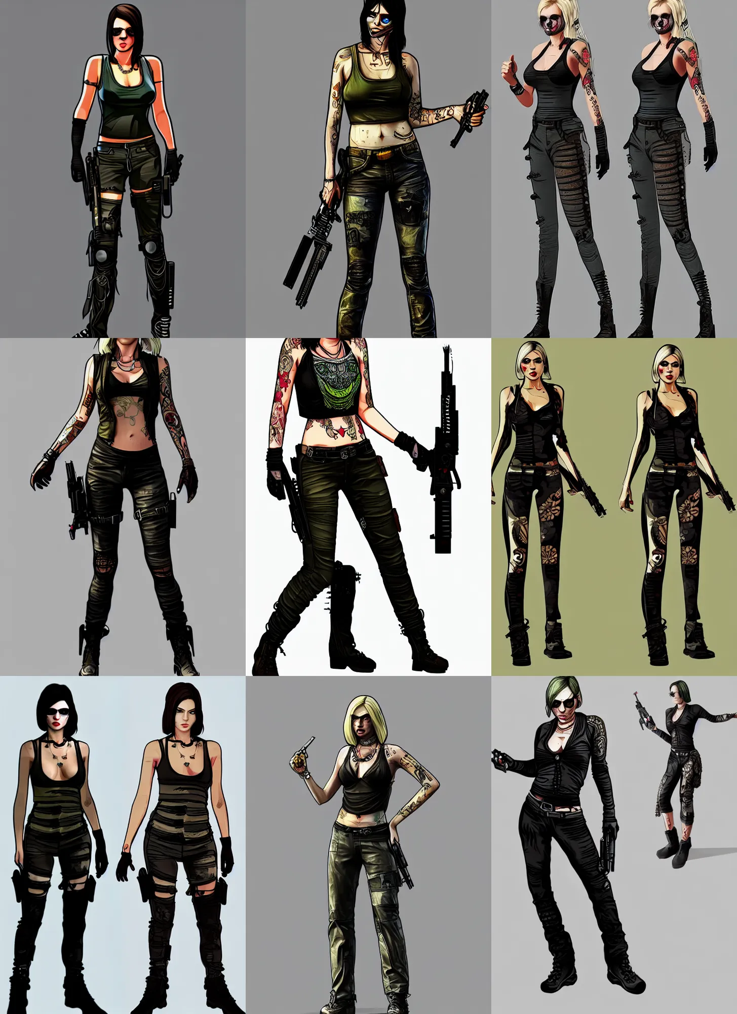 Prompt: full body concept, gtav style and cell shaded, mad max female with beautiful face wearing intricate clothing