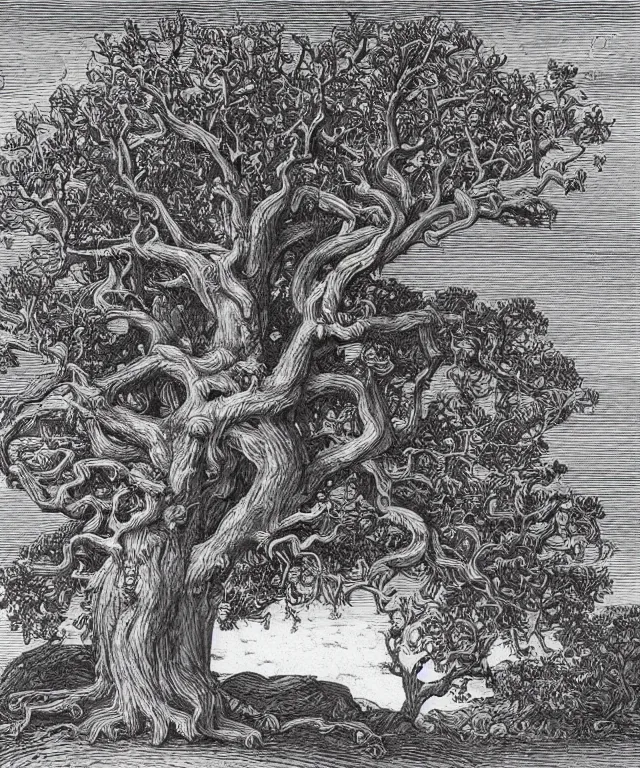 Image similar to ancient gnarled oak, tree of life on top of an open book, art by james o barr and albrecht durer and gustave dore, woodblock print, engraved, black and white, vector, vector art