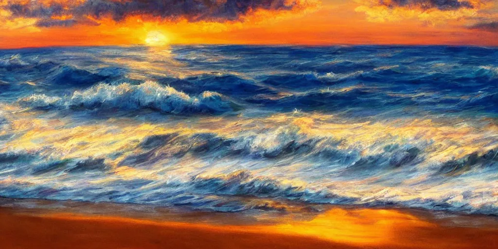 Image similar to a beautiful painting of a beach sunset with raging waves