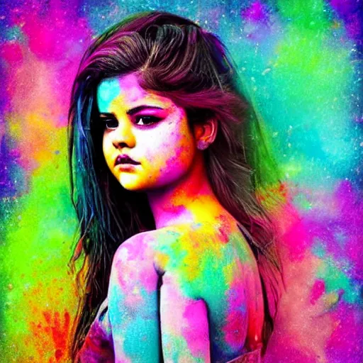 Prompt: A colorful vibrant holi nebulapunk Selena Gomez, in a blend of art styles that contain both photorealistic and drawn elements, detailed