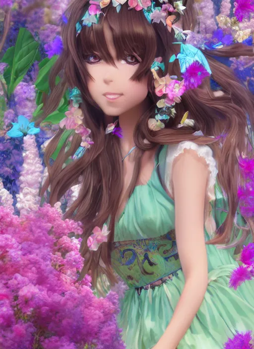 Prompt: portrait of beautiful girl with long turquoise hair, small horns, cute big brown eyes, and a blue dress, in a garden full of flowers and Butterflies, genshin impact, realistic anime, backlit, strong rim light, sharp focus, octane render, trending on artstation, 8k