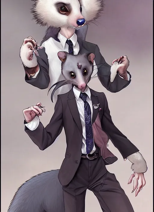 Image similar to character portrait of a male anthro opossum fursona with a tail and a cute beautiful attractive detailed furry face wearing a dress shirt and slacks outside a city tattoo parlor. Character design by charlie bowater, ross tran, artgerm, and makoto shinkai, detailed, inked, western comic book art