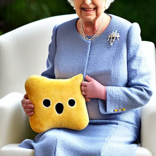 Prompt: The Queen of England holding an anime plush pillow and smiling