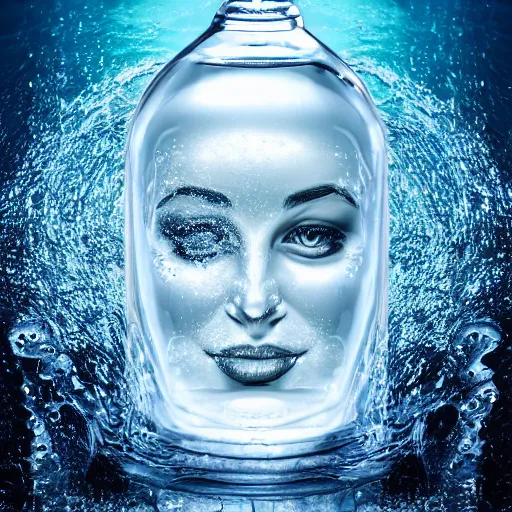 Image similar to water art manipulation in the shape of a human head in a bottle shape, on the ocean water, futuristic, glowing, hyper realistic, ray tracing, realistic water splashes, sharp focus, long shot, 8 k resolution, cinematic, photoshop water art