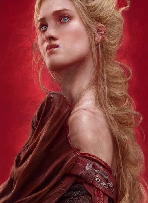 Image similar to vertical portrait of a ruggedly handsome female cleric, soft hair, close - up face, leather, witchy, d & d, fantasy, intricate, elegant, highly detailed, digital painting, artstation, concept art, smooth, sharp focus, illustration, art by artgerm and greg rutkowski and alphonse mucha, plain red background