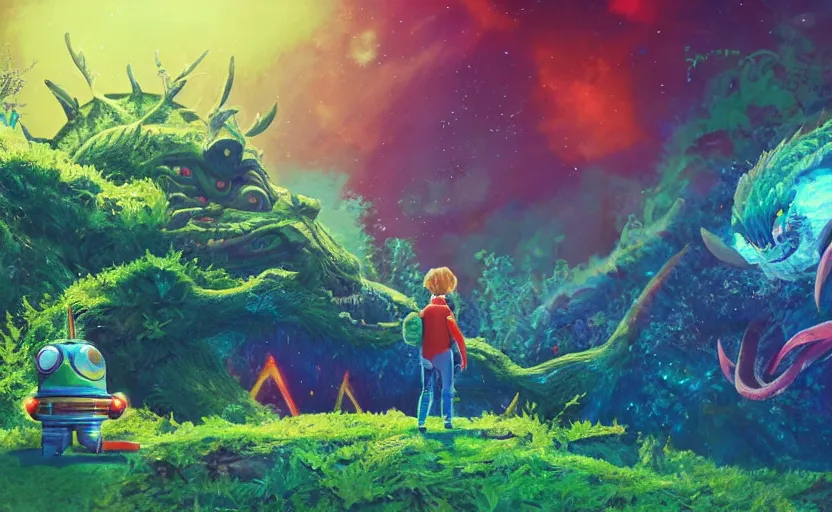 Image similar to a still of a cute adorable tiny astronaut, on a planet of lush colorful foliage, with an enormous kaiju dragon surrounding the full background, magical forest, sharp focus, neon backlit, highly detailed, disney pixar studio ghibli makoto shinkai, digital painting, matte, octane render, global illumination, iridescent, anime, 8 k concept art