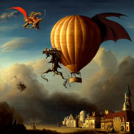 Prompt: baroque painting of a hot air balloon being attacked by a medieval flying dragon, extremely detailed, render, 4K