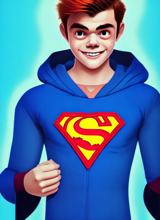 Image similar to friendly teenage archie andrews wearing an orange superhero costume with heart logo, heart, freckles, blue cape, heart emblem on chest, blue cape, intricate, elegant, glowing lights, highly detailed, digital painting, artstation, sharp focus, illustration, art by wlop, mars ravelo and greg rutkowski