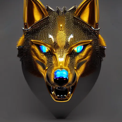 Image similar to chrome and gold wolf, glossy, metallic, neon, symmetrical, tribal patterns, realistic, unreal engine, octane, redshift, artstation, behance