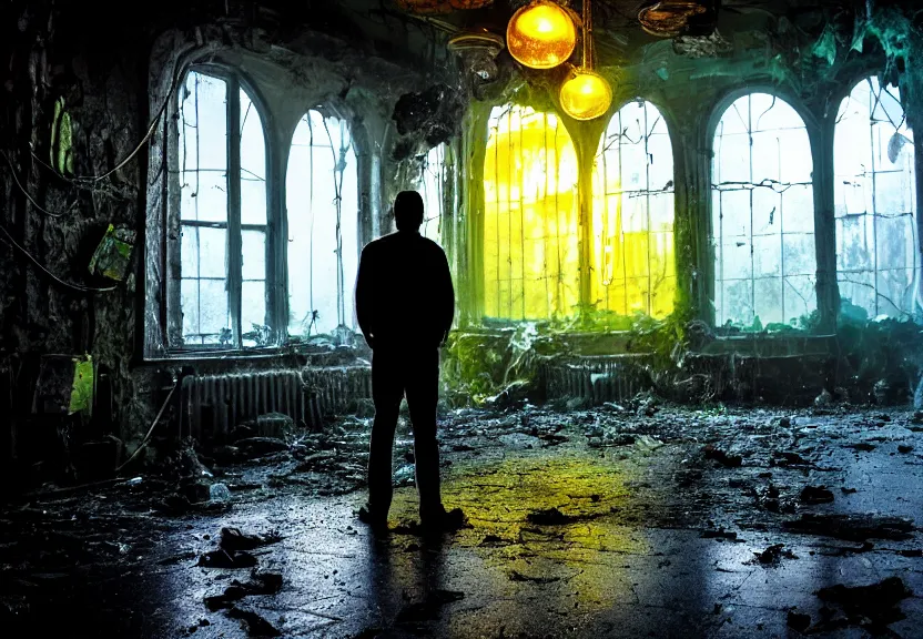 Image similar to a sad man in the center of the room looks out the magic window behind which is the old ruined city, toxic colorful slime and debris pouring from the ceiling in a large gothic cracked steampunk room spilling over the transparent floor and splashing large glowing luminescent neon drops, field - blur, floodlight, argand lamp, 4 k