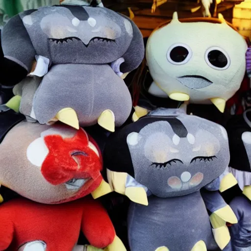 Image similar to haunting plushies being sold at an amusement park, devilish, nightmare - fuel, scary, cursed, evil, dark