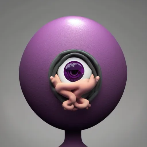 Image similar to photo of a clay model of character with large spherical purple head and tiny eyes with comically tiny body and spindly limbs leans close to the camera, fish eye lens, 4 k, hyper realistic, hyper detailed face, octane render