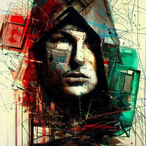 Prompt: portrait of a hooded character wearing a cyberpunk visor, by Guy Denning, by Johannes Itten, by Russ Mills, glitch art, hacking effects, chromatic, color blocking, oil on canvas, concept art, abstract