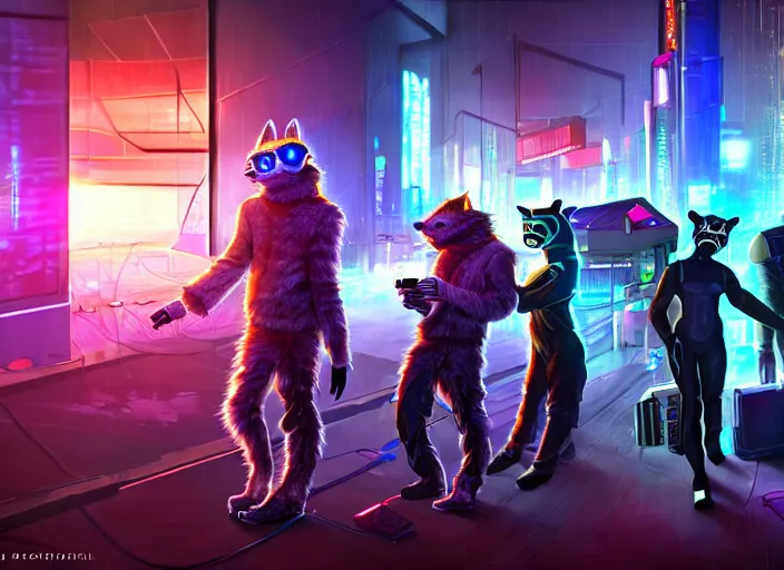 Image similar to high - resolution photograph from a cyberpunk era furry fandom convention ( midwest furfest 2 0 4 7 ), taking place after the genetic revolution and quantum singularity. photorealistic.