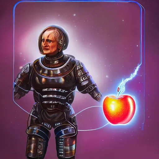 Prompt: An extremely detailed portrait of Isaac Newton in futuristic power armor holding an apple, in the style of Magic the Gathering, 4k, mirror lake, highly detailed, trending on artstation, retro science fiction