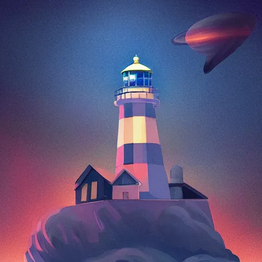 Image similar to lighthouse in space, digital art, artstation, devinart, light colors,