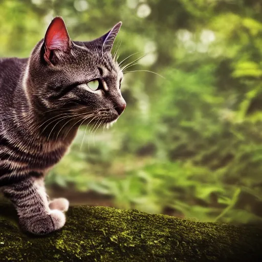 Image similar to cat in deep forest, photorealistic, 4 k, 5 0 mm, bokeh