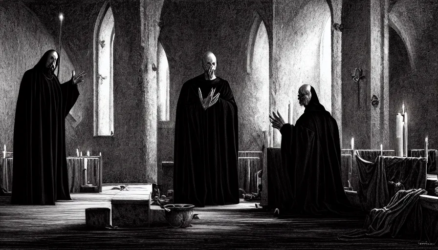 Prompt: a dark priest conducts a ceremony, church, rotting religion, death, fear, horror, ultra realistic, hyperrealism, fine details, detailed and intricate environment, by barlowe, by wayne, by caravaggio, 4 k