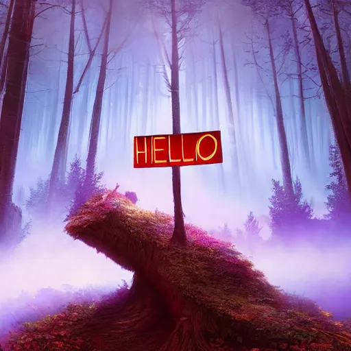 Image similar to 'Hello World' sign in a fairy forest, by Beeple, RHADS, and Greg Rutkowski, trending on artstation, unreal engine, 4k, high quality render, digital art