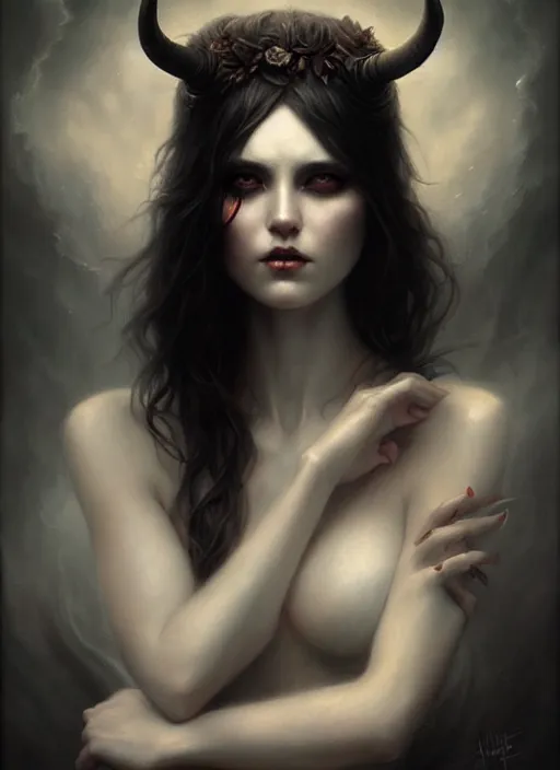 Image similar to a hauntingly beautiful woman with horns, painted by artgerm and tom bagshaw, fantasy art, dramatic lighting, highly detailed oil painting