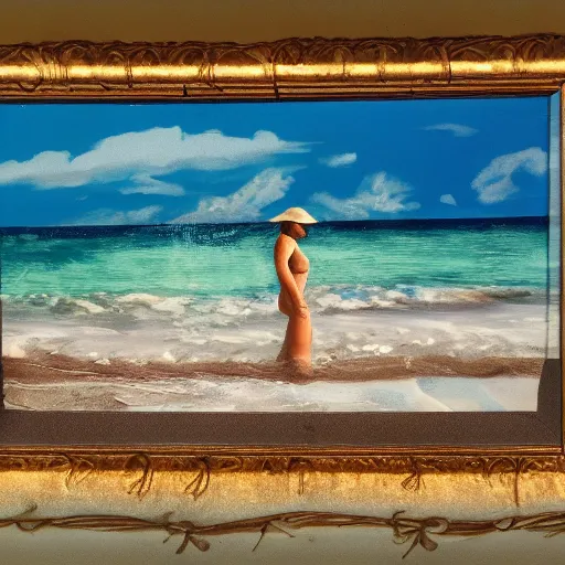 Image similar to a woman stands in the water at a beach in bermuda, sunny day, highly detailed, intricate, award winning,