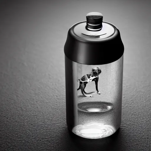 Image similar to a water bottle in the shape of a dog, product photography, 4 k, ultra realistic