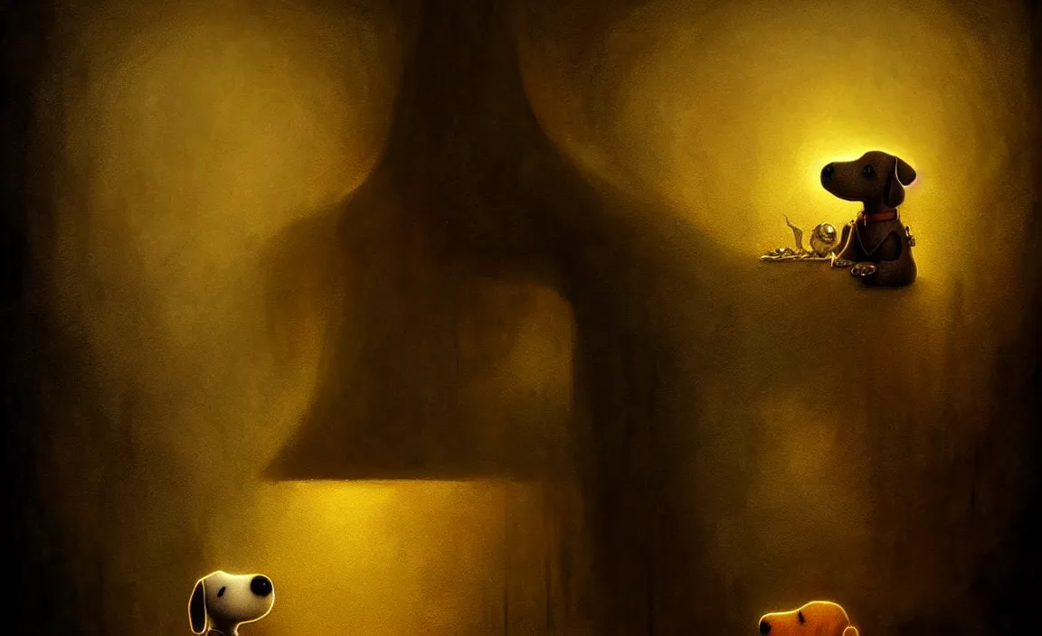 Image similar to epic professional digital art of hungry eyes snoopy, golden moody atmospheric lighting, intricate, painted, foreboding, detailed, by leesha hannigan, ayne haag, reyna rochin, ignacio fernandez rios, mark ryden, iris van herpen, artstation, cgsociety, epic, stunning, gorgeous, much wow, cinematic, masterpiece.