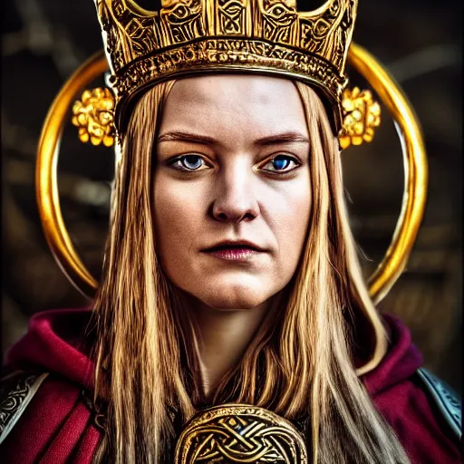 Image similar to photo of a beautiful viking queen with ornate crown and robes, highly detailed, 4k, HDR,