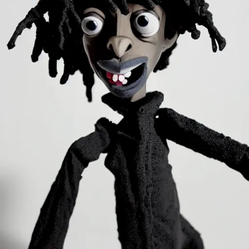 Image similar to a cartoon claymation medium close up sculpture of Playboi Carti, in the style of Tim Burton, black and white, high contrast