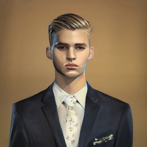 Prompt: A beautiful painting of a young man, blonde, wearing a suit, oil painting, green eyes, gloomy lighting, hyper detailed, trending on artstation