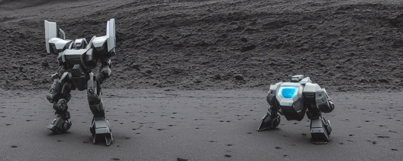 Image similar to low angle cinematic shot of lone futuristic mech in the middle of an endless black sand beach in iceland, icebergs, 2 8 mm