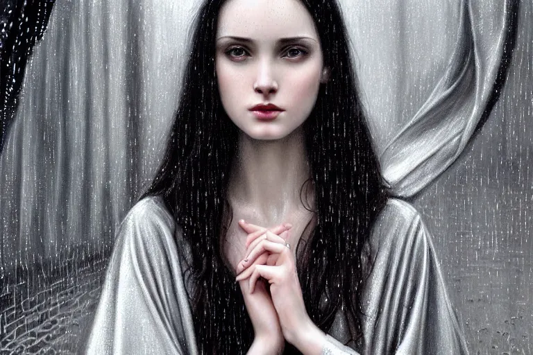 Image similar to highly detailed portrait of a beautiful girl in the rain with wet dark hair and pale skin, ornate elegant silver robes, fantasy, intricate, elegant, dramatic lighting, emotionally evoking symbolic metaphor, highly detailed, lifelike, photorealistic, digital painting, artstation, concept art, smooth, sharp focus, illustration, art by John Collier and Albert Aublet and Krenz Cushart and Artem Demura and Alphonse Mucha