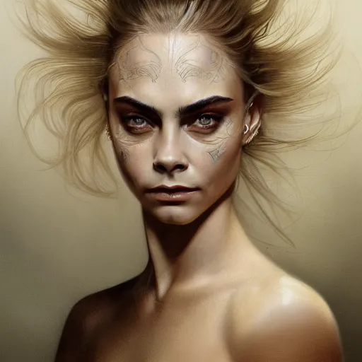 Prompt: Cara Delevigne , intricate, elegant, highly detailed, digital painting, artstation, HR GIGER, Hieronymus Bosch, Francis Bacon, concept art, smooth, sharp focus, illustration, art by artgerm and greg rutkowski and alphonse mucha