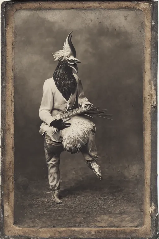 Prompt: a wet plate photo of an anthropomorphic rooster minstrel with a lute