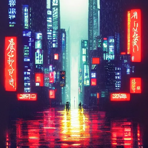 Image similar to high detailed cyberpunk rainy city at night with a torii in the background by Syd Mead, high quality, 4K, UHD, trending on ArtStation, blade runner vibes, ghost in the shell