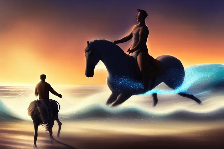 Image similar to photo of man riding a horse along the beach, glowing underwater waves toward a lighthouse in the distance guiding his way, silhouette, wide horizon, large white clouds, night, intricate, elegant, highly detailed, digital painting, artstation, concept art, smooth, sharp focus, illustration, art by artgerm and greg rutkowski and fra angelico